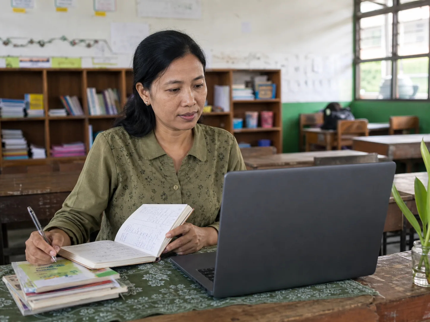 Guru Indonesia merencanakan pembelajaran dengan laptop dan catatan kurikulum
