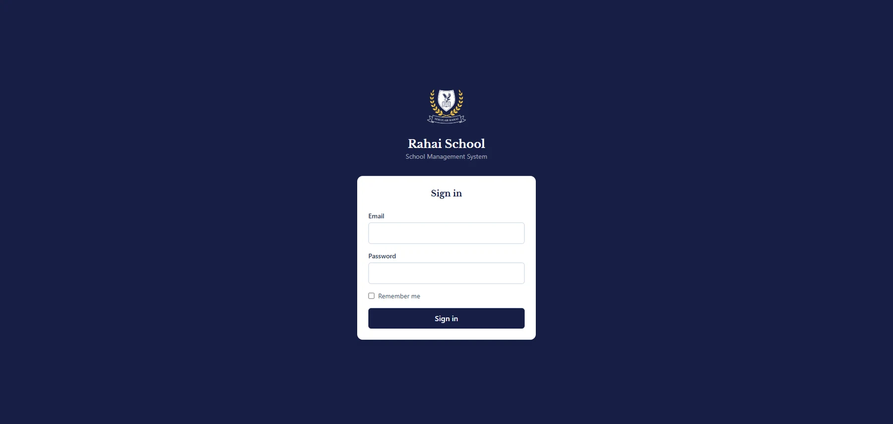 Layar masuk Sistem Manajemen Rahai School